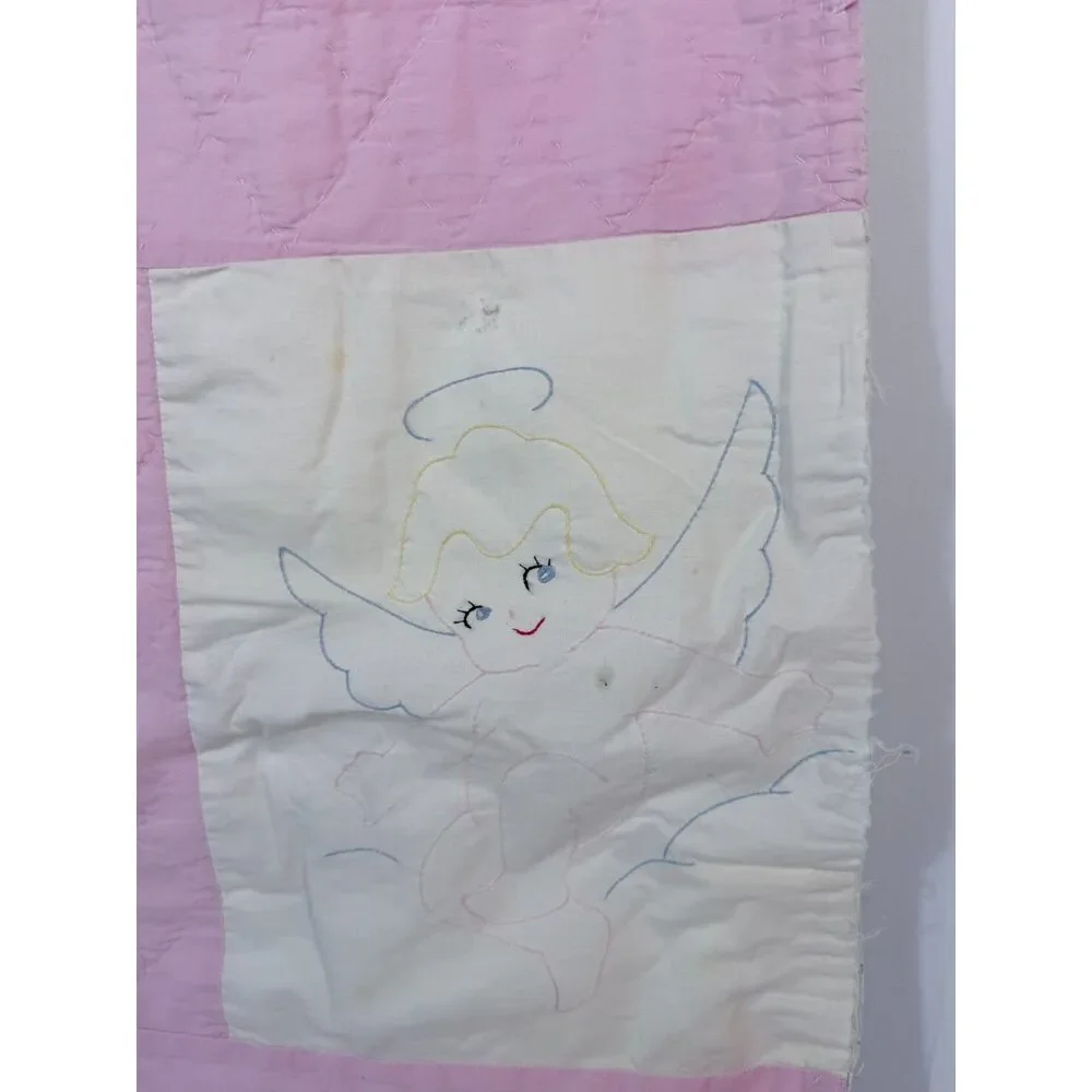 VTG Child Baby Crib Quilt Handmade Angel Pink Girl Sleep My Child Cottage Cherub